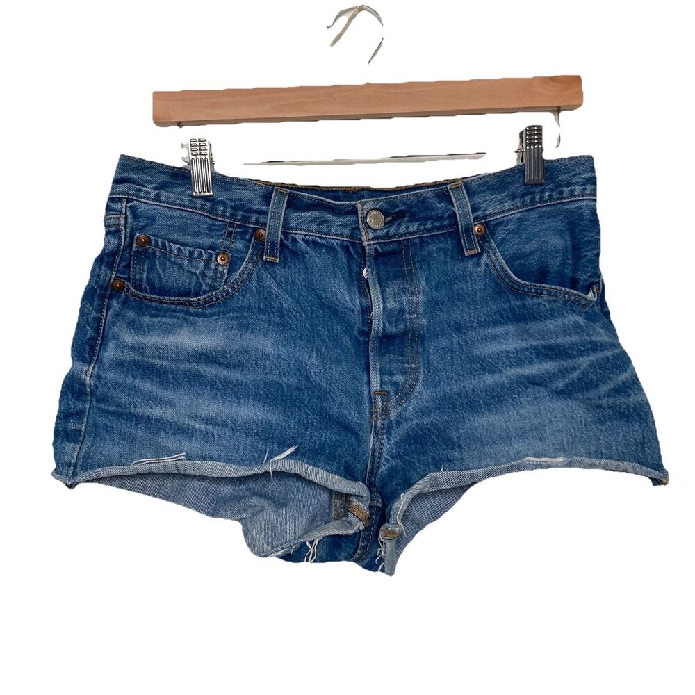 Levi's Premium 501 Denim Short Blue Distressed Raw Hem Size 29 Mid Rise